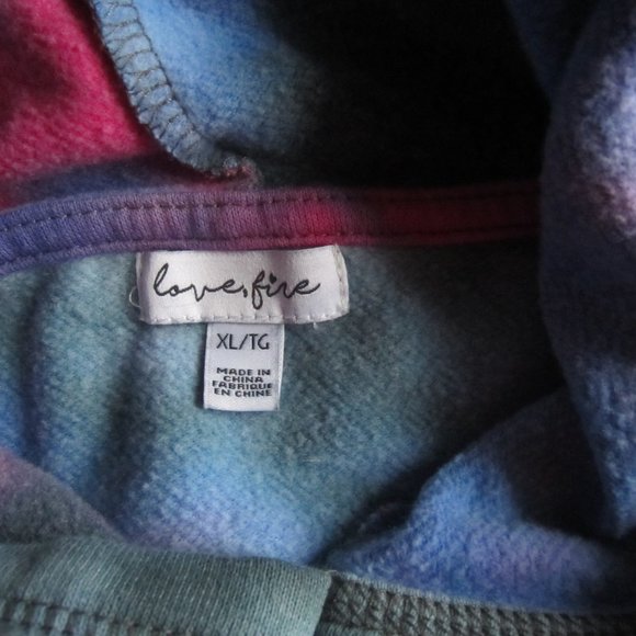 LOVE, FIRE Girl's Sweatshirt Hoodie Size M Tie Dye Fleece Blue Pink Torn Look - Picture 7 of 9
